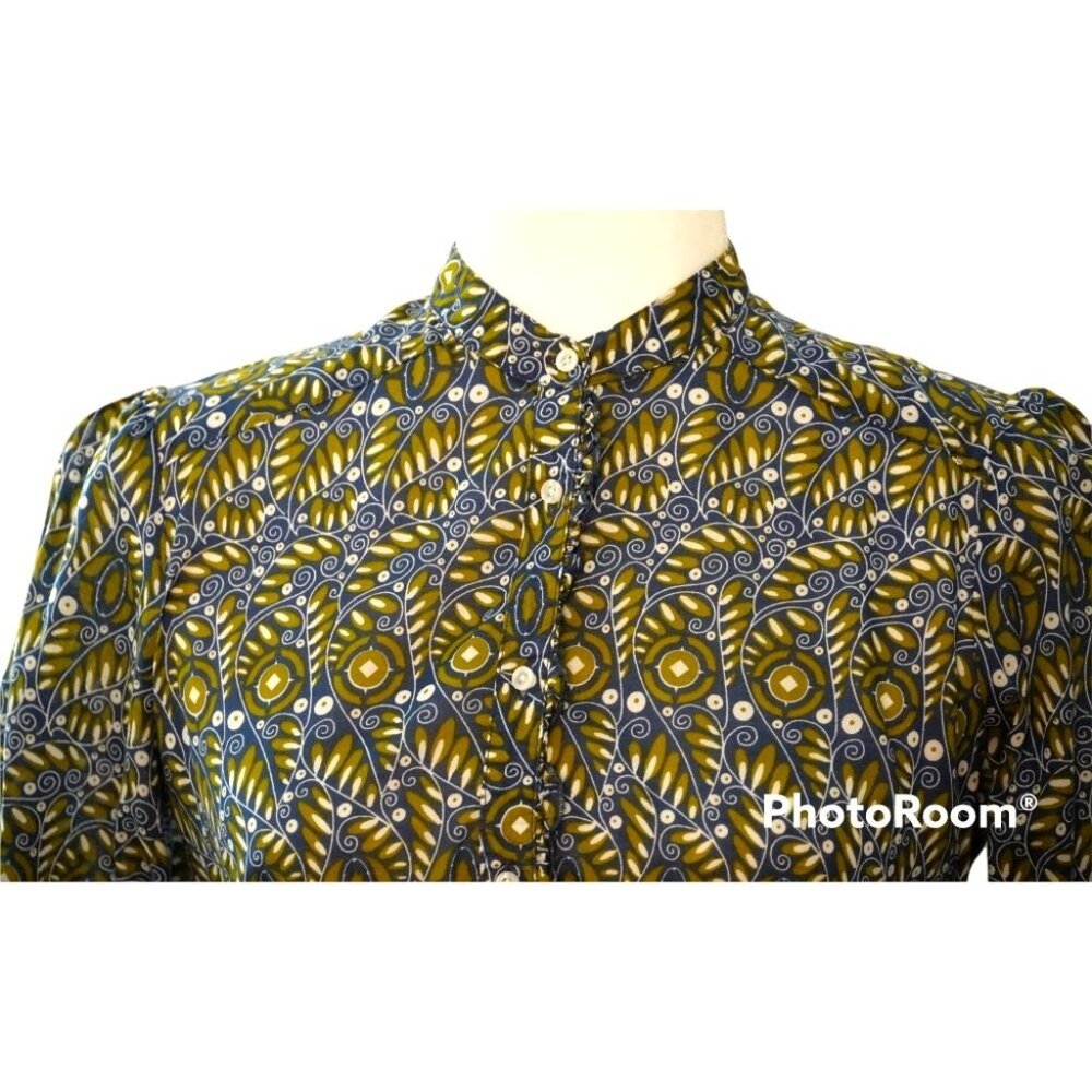 Banana Republic Boho Leaf Batik Blouse Sz Small Mandarin Collar Puff Sleaves Cot - Picture 2 of 11